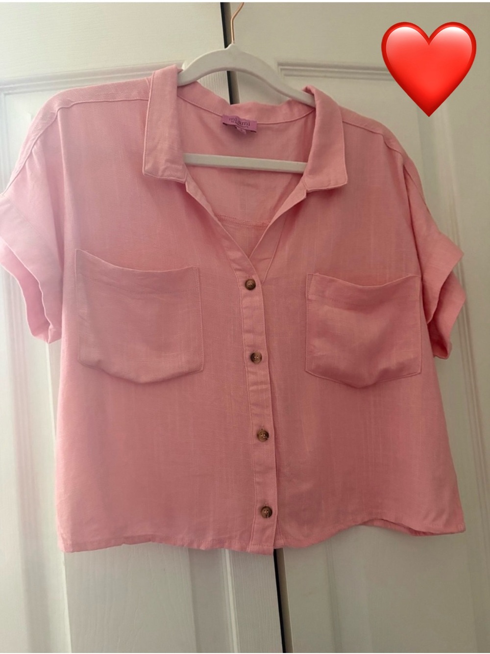 Boxy Short-Sleeve Button-Down Shirt in Light Pink
